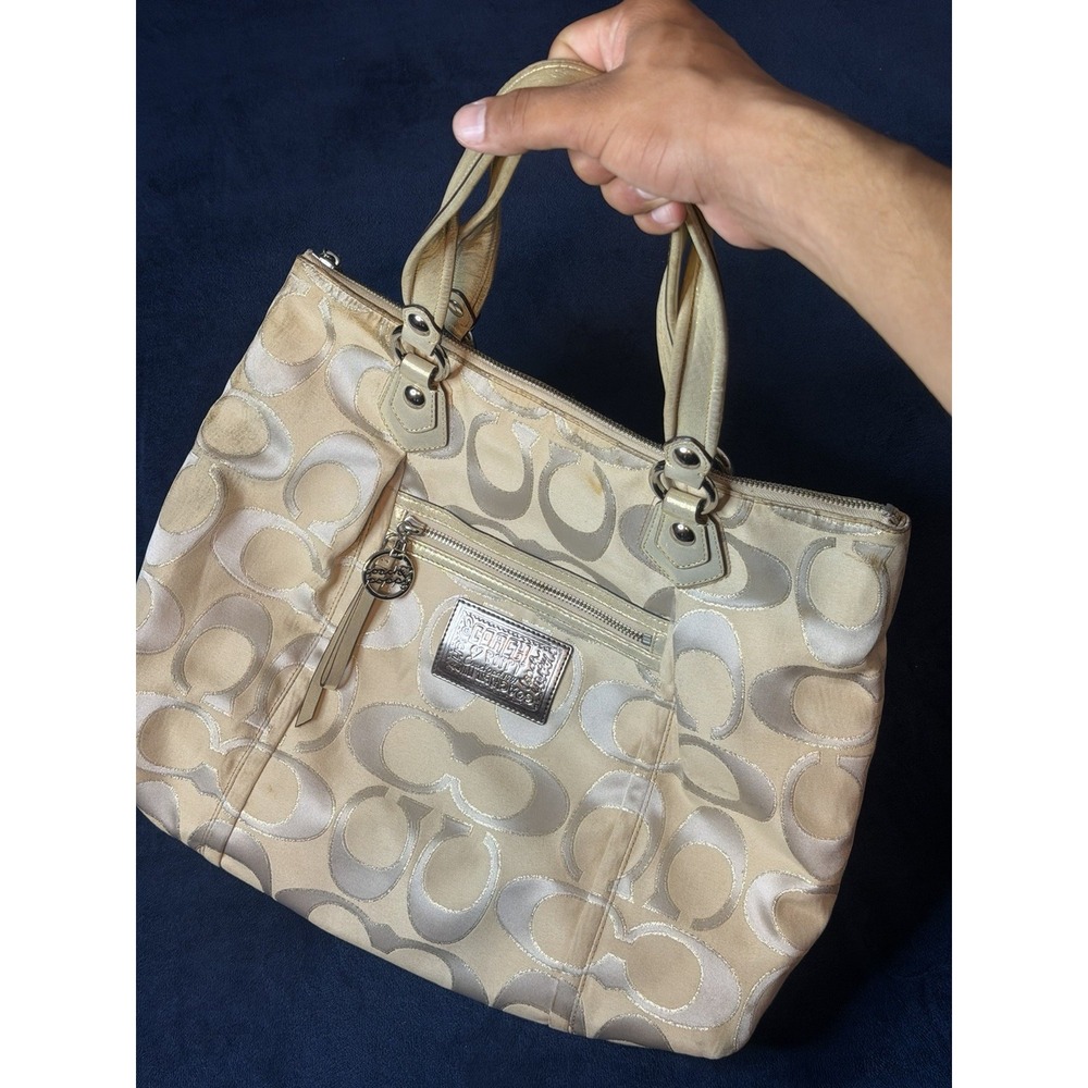 COACH Poppy Signature Lurex Glam Tote Y2K Canvas Bag Beige Tan 16289